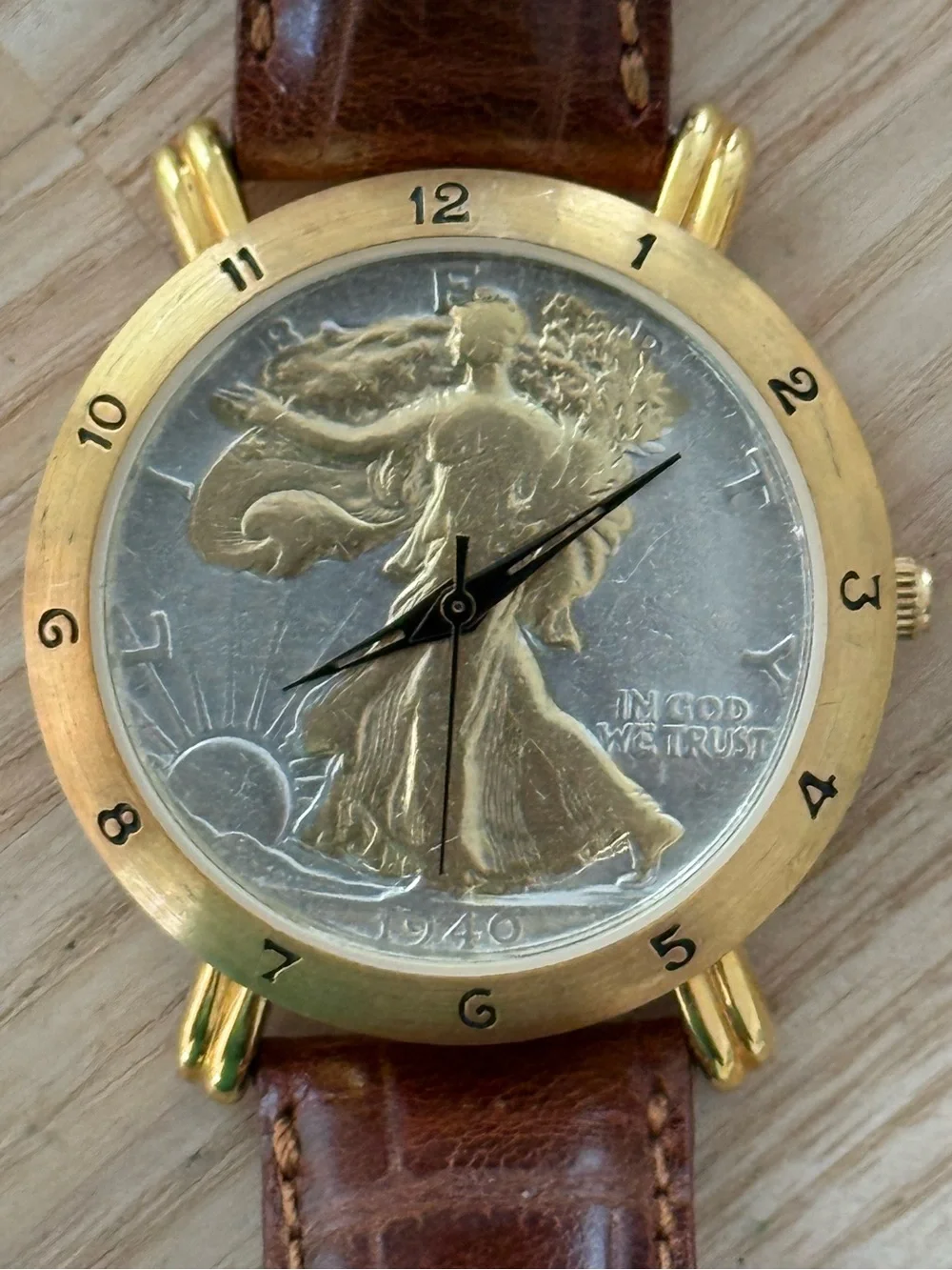 Brittania 1940 Walking Liberty Coin Watch Two-Tone Dial Gold Case Leather Strap